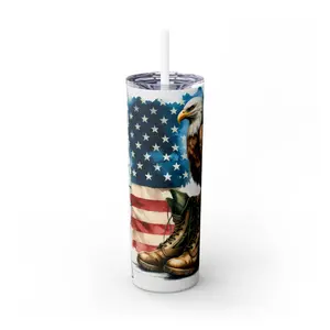 American Valor - Majestic Eagle, boots & Flag Emblem Skinny Tumbler with Straw, 20oz, Showcase your pride with this emblem of freedom, meticulously crafted to capture the essence of America’s enduring values Bottle Drinkware