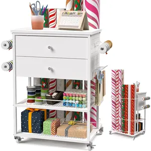 Yumkfoi Wrapping Paper Storage Cart, Rolling  Wrap Station with Ribbon and  Bag Storage, Wrapping Paper Organizer Holder, Craft Organizers and Storage