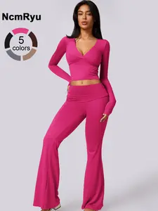 Women's Patchwork High Elastic Deep V-Shaped Collar Detachable Chest Pad Long Sleeve Oblique Waist Slim Fit Flared Pants Yoga Clothes suit Sweatsuit Set Outdoor Running Cycling Walking Gym Sports Training