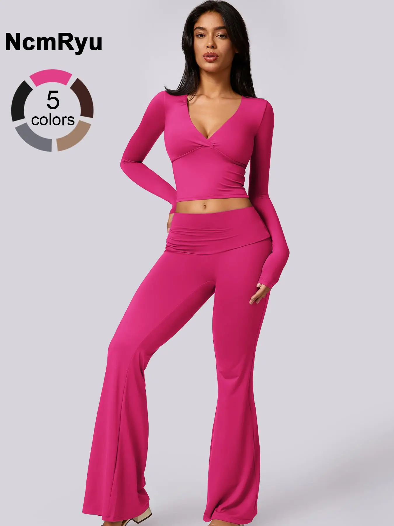 Women's Patchwork High Elastic Soft Deep V-Shaped Collar Detachable Chest Pad Long Sleeve Oblique Waist Head Slim Fit Hip Flared Pants Yoga Clothes Se