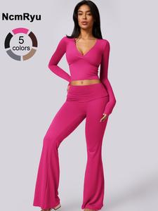 women's solid deep v neck long sleeve tee & high waist flare leg pants tracksuit set, sporty casual comfy breathable outfits for yoga gym workout running cycling, yoga clothes set, gym wear, flared yoga pants, elegant gym outfits, fitness clothes