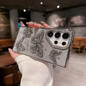 Fin Luxury Rhinestone Diamond Butterfly Phone Case for For Samsung S25 S24 Ultra Plus S23 Fe A16 Electroplating Shockproof Cover