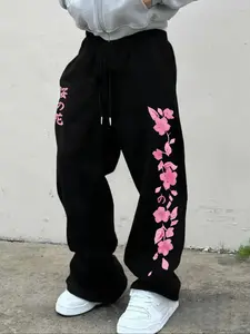 Men's Casual Sports Long Pants with Cherry Blossom Graphic Print, Loose-Fitting Wide-Leg Design for All Seasons, Trendy Comfortable Wear