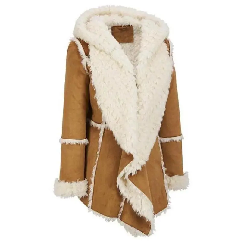 Women’s Brown Shearling Hooded Overcoat