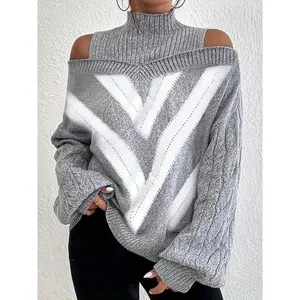 Plus Size Women's Solid Color Off-Shoulder High Neck Striped Sweater, Casual Fall & Winter Knitwear, Comfortable Long Sleeve Pullover(Sheet)