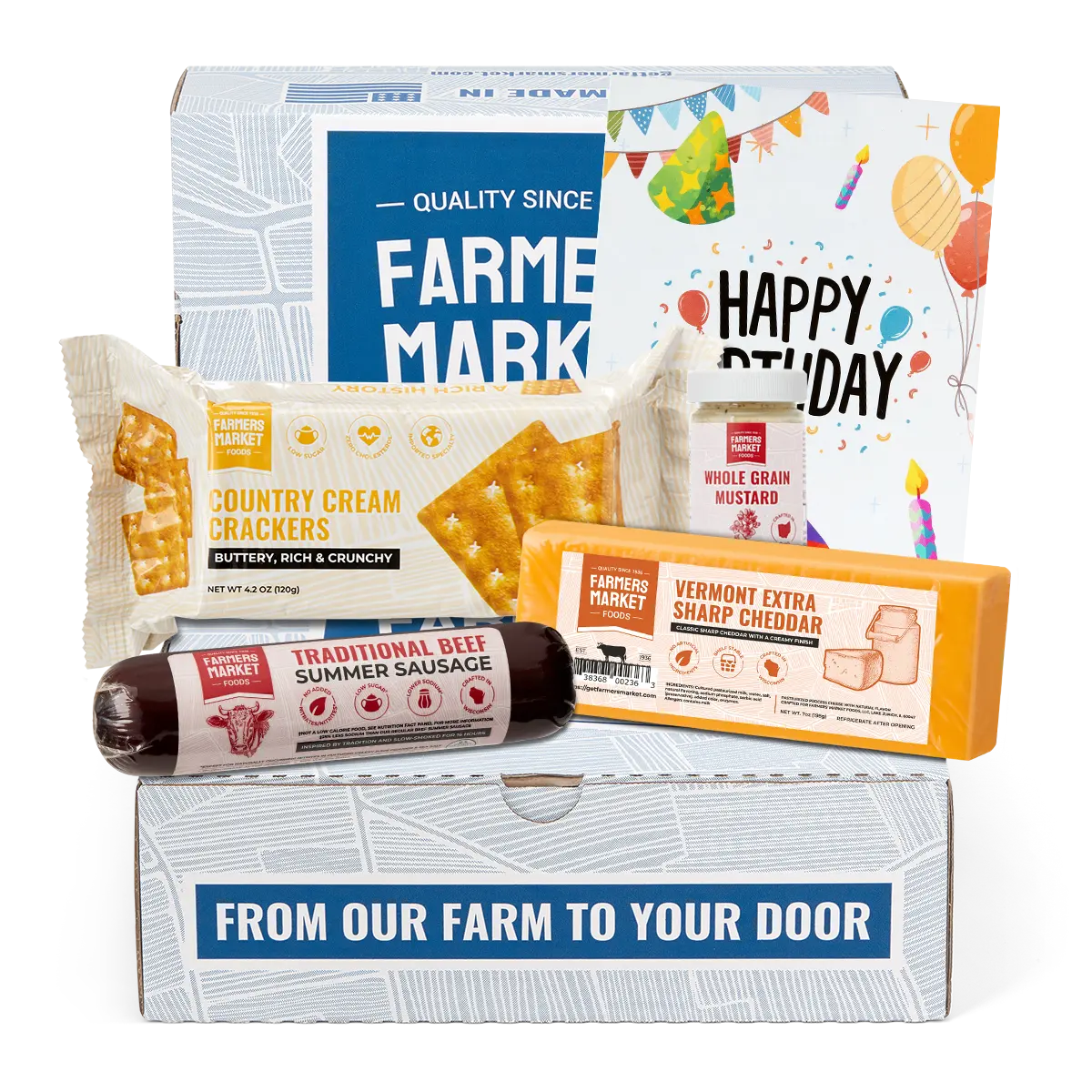 Farmers Market Birthday Meat and Cheese Gift Basket – Gourmet Snack Box with Beef Summer Sausage, Vermont Sharp Cheddar, Crackers & Mustard – Keto Friendly Birthday Food Gift for Men & Women