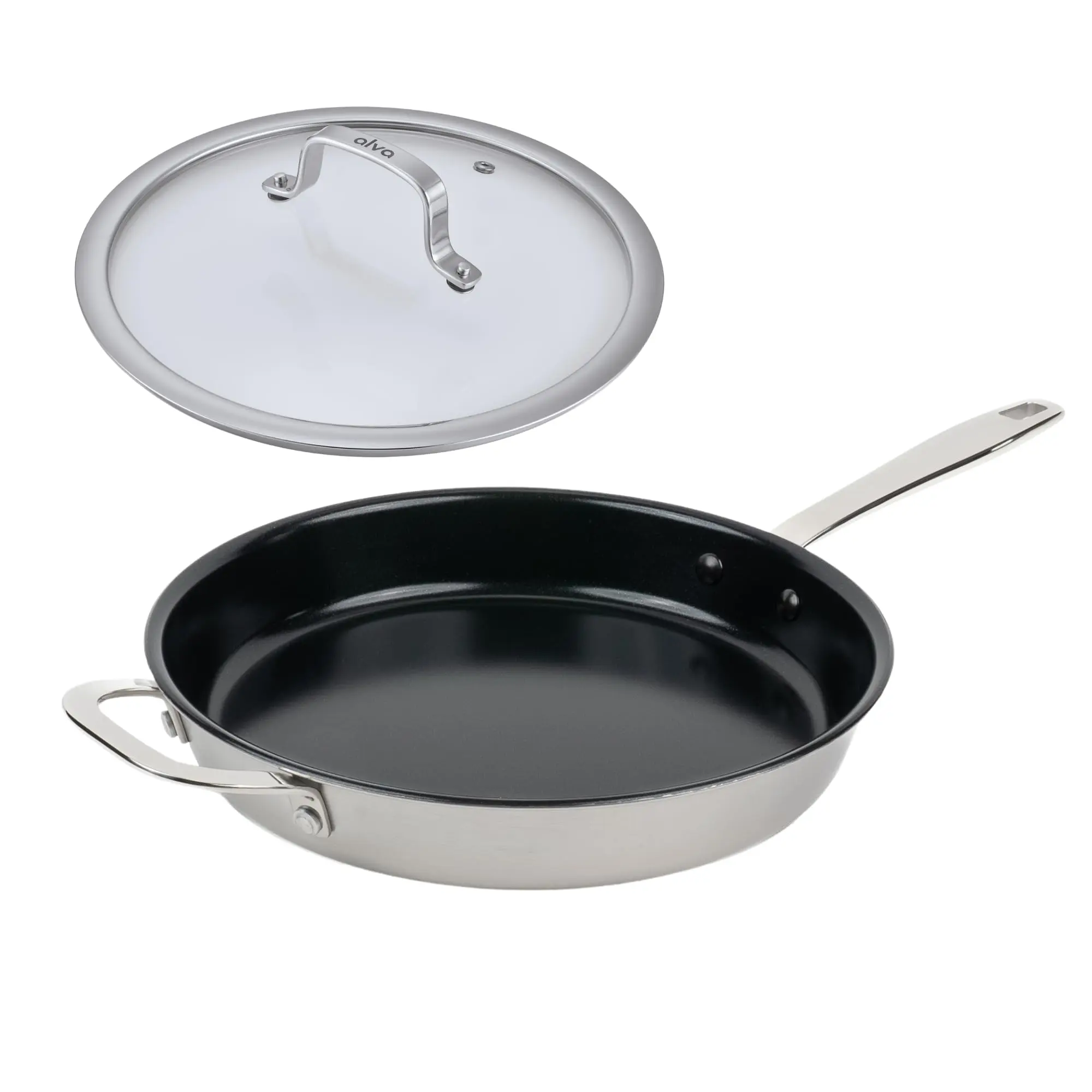 Alva Maestro 3-Piece 8-In & 11-In 5-Ply Stainless Steel Ceramic Nonstick Frying Pan Set with Glass Lid, PFAS-Free, Induction Compatible, Oven Safe to 400°F, Dual-Surface Performance for Browning, Simmering