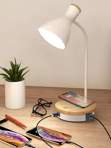 White Metal Arc Desk Lamp - 3-Way Dimmable Touch Reading Lamp with Wireless Charging & USB Ports for Bedroom, Study Room
