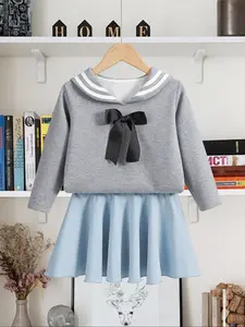 2-piece girls' fashionable college-style sets Girl Clothes School spring/autumn navy-collared long-sleeved top solid-colored skirt cute and elegant bow-tie sweater top short skirt, perfect for outings and play Cute Clothing Set