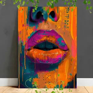 Wooden Framed Canvas Painting Abstract Portrait with Vibrant Orange Lips Bold Colors Minimalist Background Striking Face Decor