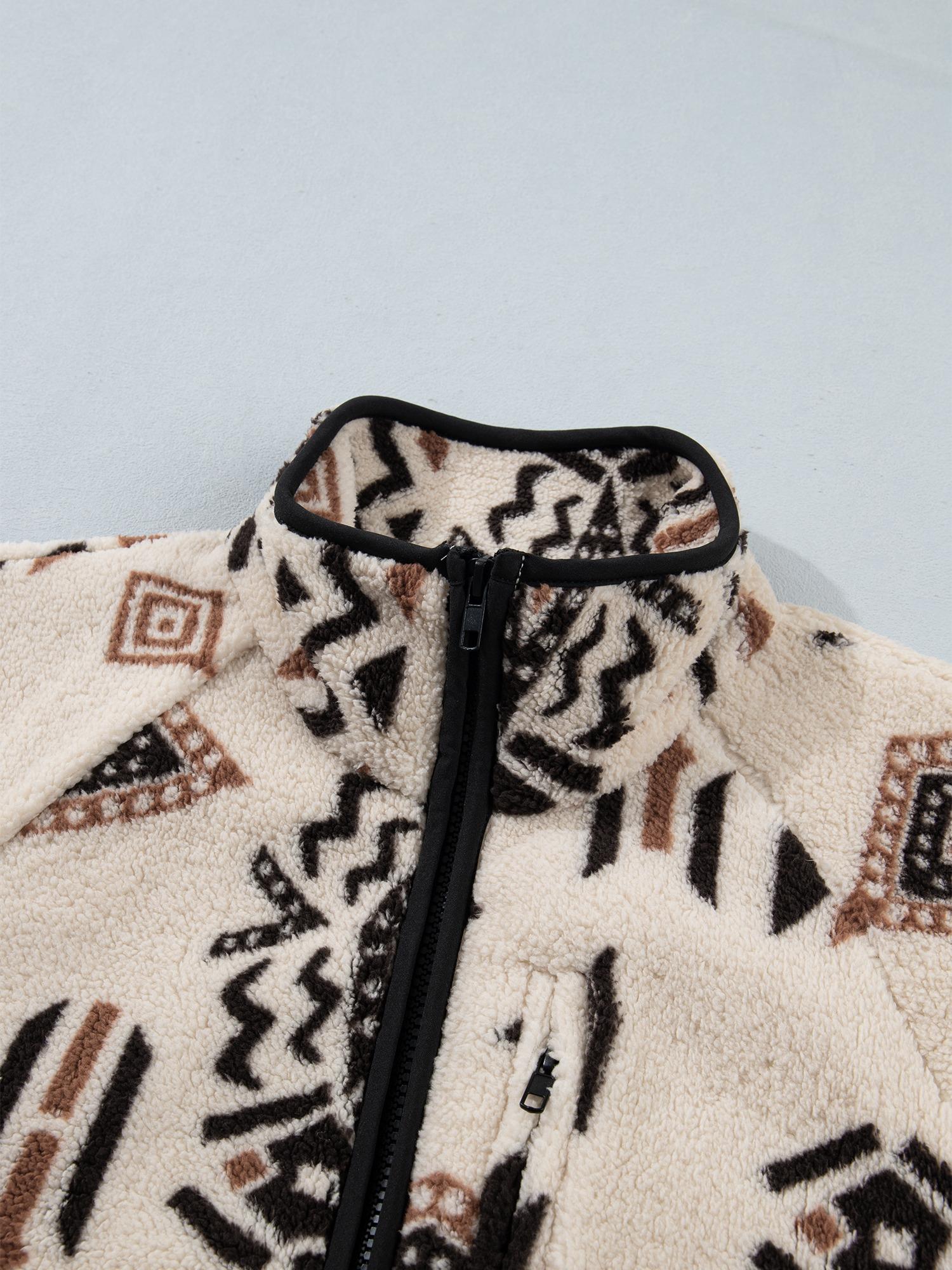 Women’s Aztec Geometric Print Soft Comfortable Fleece Fabric Long-Sleeve Full-Zip Collared Jacket with Binding Trim, Relaxed Fit Casual Tops Outerwear for Fall, Winter