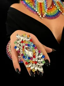 Luxury Fashion New Elegant Geometric Design Colorful Rhinestone Open Ring, Adjustable Queen Ring for Banquet Accessories, Exaggerated Style Jewelry