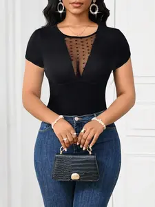 Elegant Summer Sheer Heart Mesh Patchwork Round Neck Short Sleeve Tight Fit Sexy Women's Top Hrs692