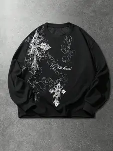 Men's Gothic Cross Print Waffle Knit Textured Pullover Sweatshirt Knitwear, Long Sleeve Fitted Casual Fashion, Fall & Winter Comfortable