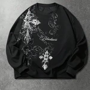 Men's Gothic Cross Print Waffle Knit Pullover Sweatshirt, Long Sleeve Fitted Casual Fashion, Fall & Winter Comfortable