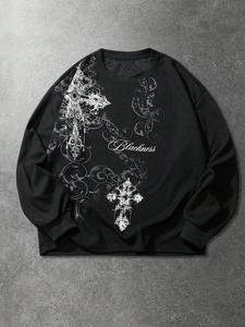 Men's Gothic Cross Print Waffle Knit Pullover Sweatshirt, Long Sleeve Fitted Casual Fashion, Fall & Winter Comfortable