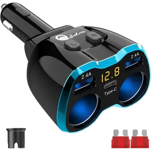 Cigarette Lighter Splitter: USB C 12V Car Charger Adapter 2 Socket Type C Multi 12 Volt Power Outlet 24V DC 80W with LED Voltmeter Switch 6.3A Dual USB Port for Mobile Cell Phone GPS Dash Cam
