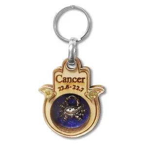 Wooden Good Luck Hamsa Hand Key Chain Keychain Zodiac Sign - Cancer - Made in Israel