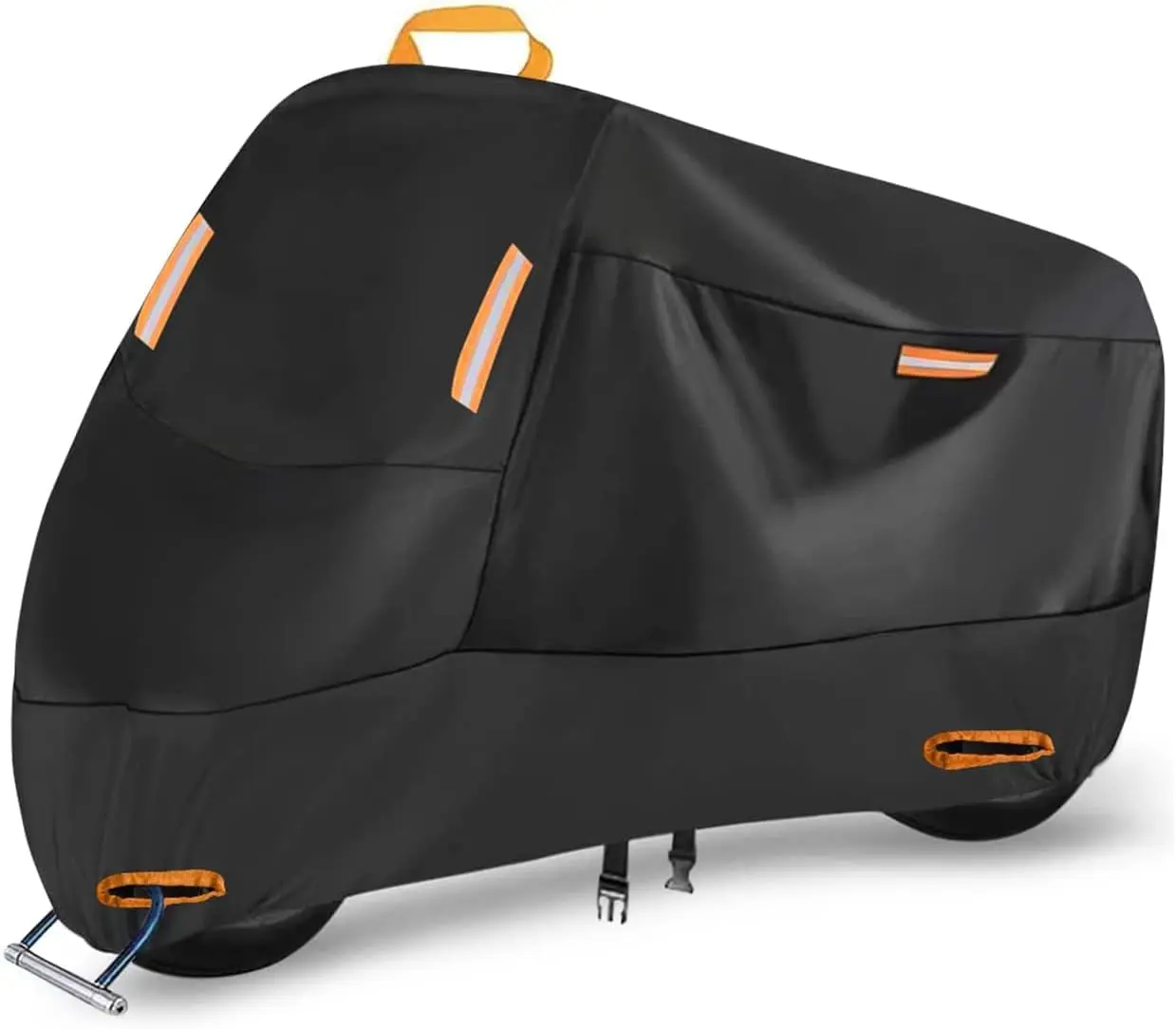 SECELES 300D Heavy-Duty Motorcycle Cover - Motorcycle Accessories, All-Season Waterproof Outdoor Protection, 4 Reflective Tapes, Lock-Holes, Fits Up to 86" Yamaha Honda Harley Suzuki (XXL: 86"x37"x50")