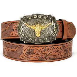 Women Men Western Belts Cowboy Cowgirl Country Belt Longhorn Bull Buckle Floral Embossed Belt for Jeans Dresses