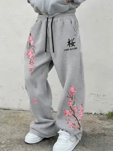 Men's Cherry Blossom Print Light Sweatpants, Soft Anti-Pilling Knit Fabric, Elastic Waist Drawstring, Streetwear Long Pants
