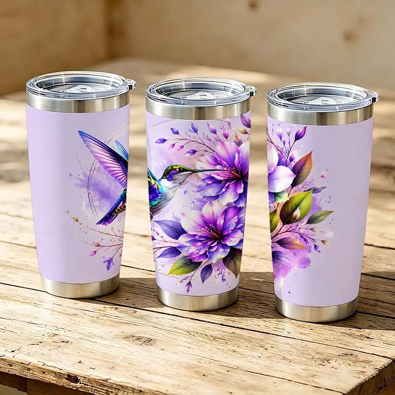 20oz Artistic Print Hummingbird & Purple Floral Stainless Steel Tumbler - Double Wall Vacuum Insulated Coffee Vacuum Flask with Lid, Fits Car Cup Holders, Ideal for Everyday Use & Birthday Holiday Gifts, Animals, Backpacks