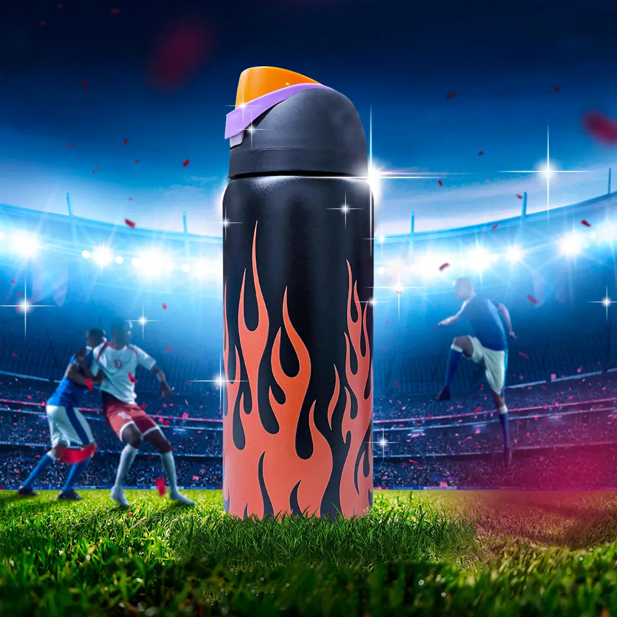 OW(Gold Flame)304L Stainless Steel Outdoor Sports Water Bottle & Travel Tumbler with Straw-Double-Walled Vacuum-Insulated Cycling Flask (32 oz / 945 ml) — 100% Leak-Proof, Car-Cup-Holder Compatible-Ideal for Camping, Rock Climbing, and Gym Use-Drinkware
