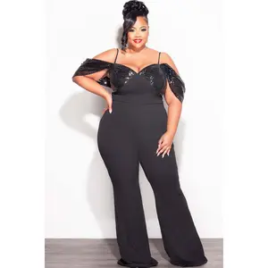 Final Sale Plus Size Off The Shoulder Faux Wrap Sequin Jumpsuit Black