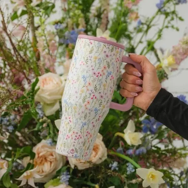 40 oz floral travel tumbler with handle and straw | Leakproof insulated stainless steel water bottle | Fits cup holder | Wildflower pattern vacuum design | Essential for outings | Fitness | Driving Plaid