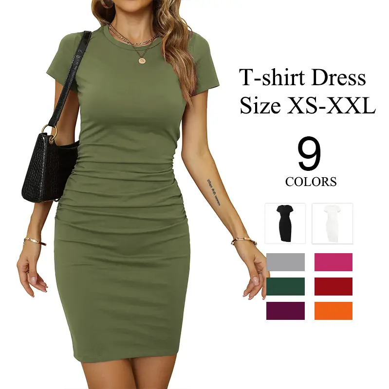 Women's Short Sleeve Ruched Cotton Casual Sundress Knee Length Bodycon T Shirt Dress, Basic Elastic Fabric Breathable,Pregnancy Dress