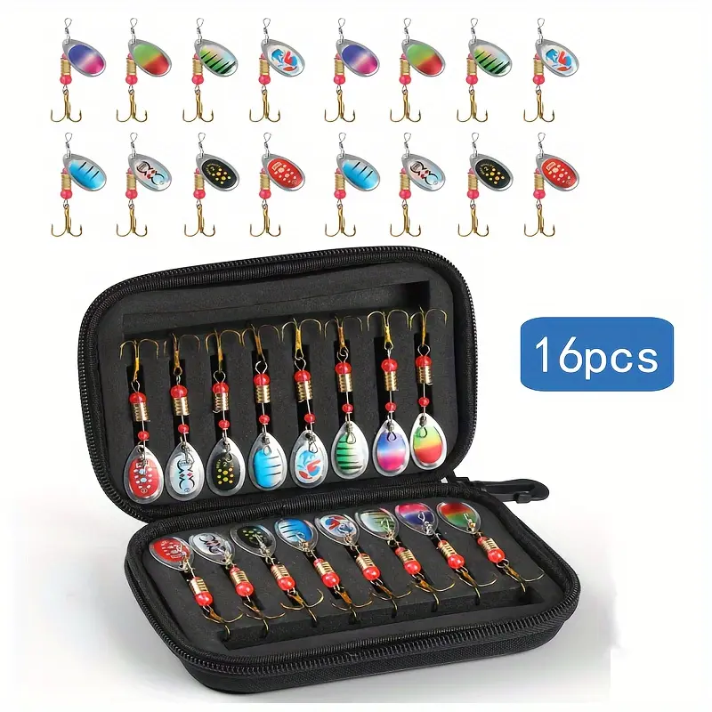 Artificial Fishing Lure with Storage Box, 16pcs/set Fishing Spinner, Spinner Lure with Triple Hooks, Spoon Blade Fishing Lures Kit, Fishing Gear and Equipment, Fishing Gear Set, Fishing Tackle