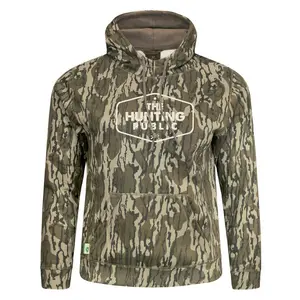 Hunting Public Camo Hoodie. Dominant Earth Brown, Green, Gray Tones. Multi-Terrain Camouflage Pattern, Hunting. Warm, Comfortable