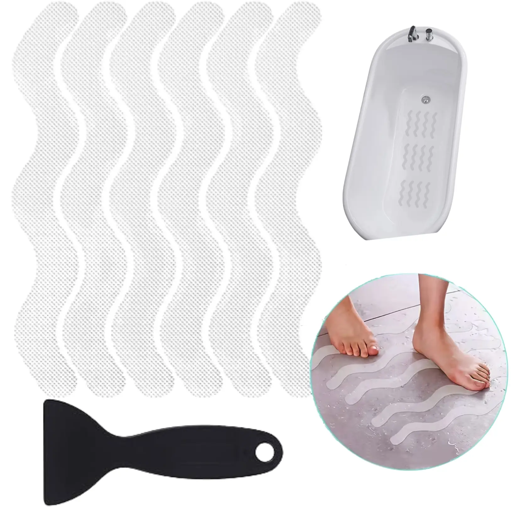 Anti Slip Shower Stickers, Adhesive Decals Safety Strips with Scraper for Bath Tub, Shower Floor, Stairs, 24 Pieces (Clear) Mats Mats