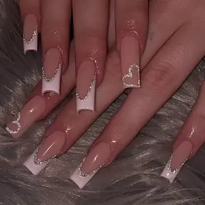Middle Long Square Nails, Stylish Acrylic Nails, Glitter Decorative Nails, Pure Color Glitter French Simple Heart Press-On Nail Art, 24pcs/box DIY Acrylic False Nails, Fake Nails