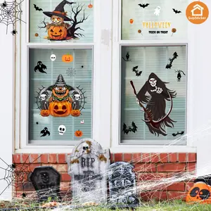 Halloween spooky wind pumpkin spooky Grim Reaper pattern self-adhesive window stickers, self-adhesive peel and stick more, suitable for window decoration, Halloween atmosphere, home holiday decoration, party scene renewal, holiday decoration stickers