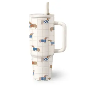 1 Pc 40 Oz Stainless Steel Water Cup with Handle and Straw, Cute Dog with Plaid Background Pattern Design, Double Wall Insulated Thermal Mug, Hot 12H/ Cold 24H, Cozy Drinkware, Great for Mother’s Day, Birthday and Family Gifts.