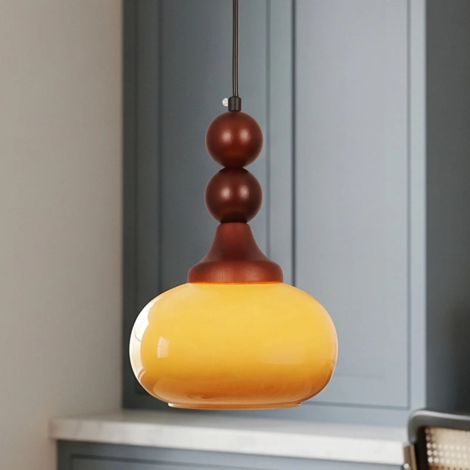 7.1 Inch Vintage Small Hanging Light, Caramel Glass Pendant Light, Mid Century Dining Room Kitchen Island Bedroom Bedside Ceiling Lamp, Black Iron And Amber Glass Fixture