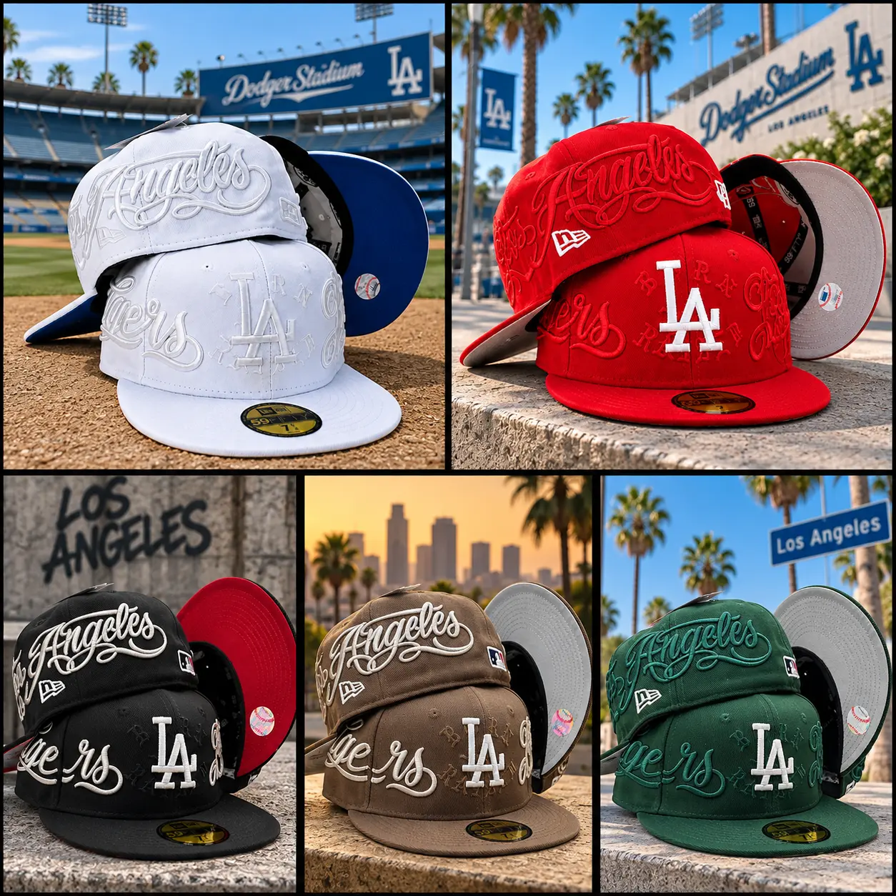 Los Angeles LA RED 59FIFTY Fitted Baseball Hat – Embroidered Flat Brim Cap