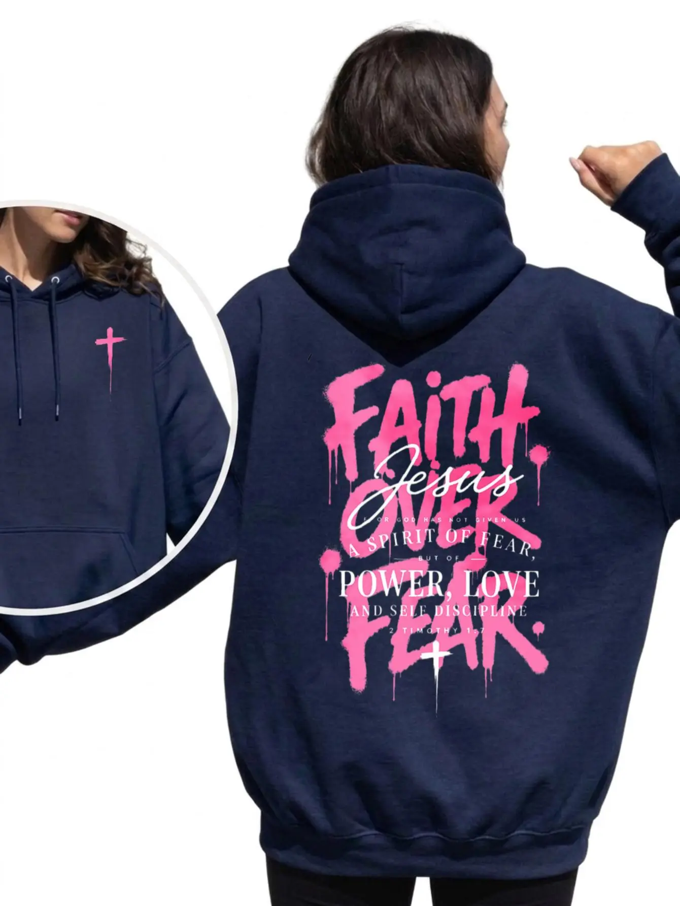 Women's Cotton Blend Oversized Print Hooded Sweatshirt - 2 Timothy 1:7 Faith Over Fear Christian Drippy Cross Graffiti, Blush Pink/White Loose Drawstring, Casual Autumn Winter Streetwear, Jesus Gift, Hoodie Clothing Tops, Tops for Women, All-Seasons