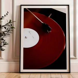 Red Vinyl Record Turntable Canvas Poster, Unframed Retro Music Art Print, Aesthetic Maroon Record Player Wall Decor for Bedroom & Living Room
