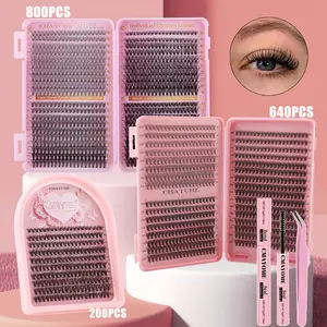 800pcs/640pcs/200pcs DIY Eyelash Extension Set, Natural Slender Cat Eye Single Cluster False Lashes, Mixed Lengths 8-16mm, Reusable Multiple Times. A Makeup Tool Suitable for Girls, Large Capacity Eyelash Book / Small Box Travel Portable