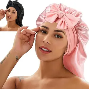 2 silk brims Suitable for sleeping Braided hat Cheeky hat Sleep cap with strap Suitable for both men and women Long curly hair braid Black (2 pieces - black and pink)