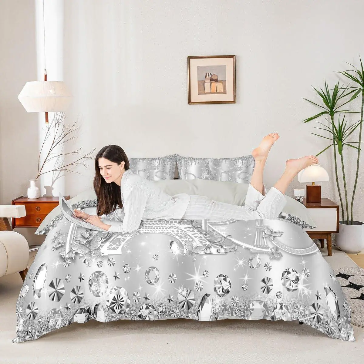 Paris Duvet Cover Set Sliver Glitter Diamond Bedding Set Women Room Decor,Romantic Eiffel Tower Comforter Cover Luxury Pearls and Jewels Quilt Cover