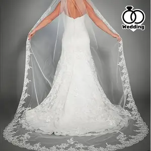 Elegant Double Cathedral Bridal Veil with Floral Lace Trim and Maxi Dress-Baroque Style Wedding Hair Accessories, Suitable for Bride, Prom, Formal Events-High Quality Polyester Fiber and Spandex, Romantic Wedding Costume | Elegant Headwear | Exquisite Acc