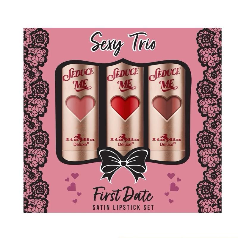 Italia Deluxe Sexy Trio Satin Lipstick Sets - Lingerie, First Date, Wildin, In Love, Satin Lipsticks with Cocoa Butter Scent for Smooth Application