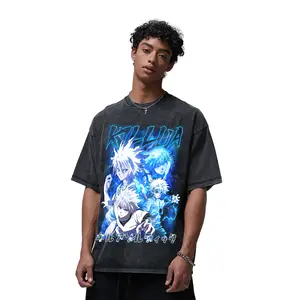 AAT. Killua Zoldyck Front-Print Round Neck Ribbed Thick Short-Sleeve T-Shirt, Hunter x Hunter Graphic Anime Tee, Oversized Acid-Washed Soft Cotton Unisex Casual Streetwear Summer Gift for Anime Fans SummerVibes