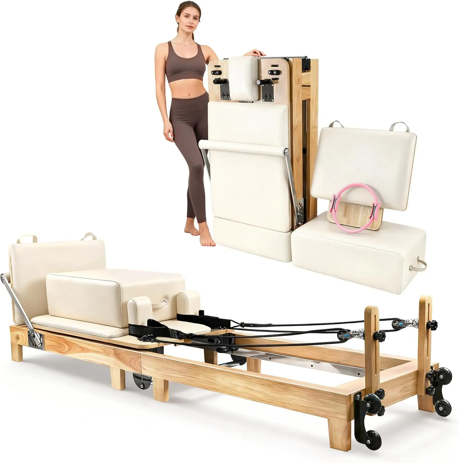 Drexo Pilates Reformer Machine, 95’’ Foldable Oak Wood Pilates Reformer, Quick-Assembly Studio-Grade Pilates Equipment with Reformer Heights, Reformer Accessories for Gym, Home, Ultral
