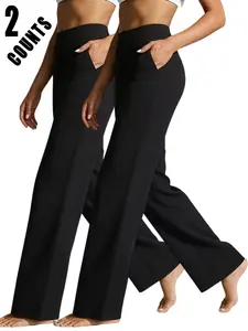2-pack women’s high-waisted casual straight-leg pants—comfortable, breathable, soft high waist for tummy control; spring/summer casual style. outdoorfun