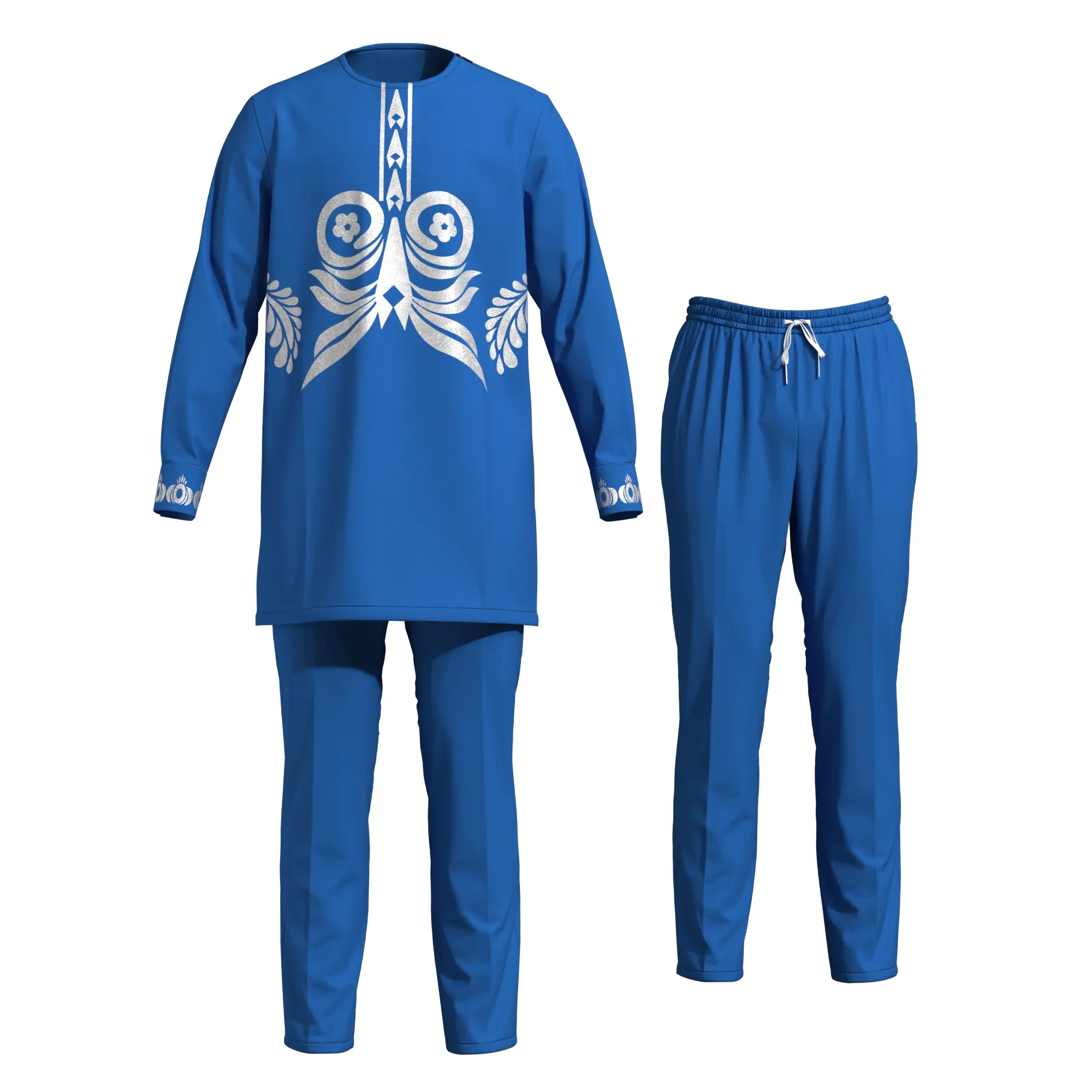 African Men Traditional Clothing 2 Piece Set, Ethnic Foil Print Long Sleeve Tunic Drawstring Pants, Muslim Islamic Prayer Outfit