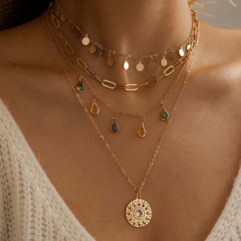 Golden 4-Layer Necklace Set for Women with Colorful Crystal Teardrop & Coin Pendants, Boho Aesthetic Jewelry for Summer Beach Festival, Summerwins, Female, Golden Four-Layer Chain